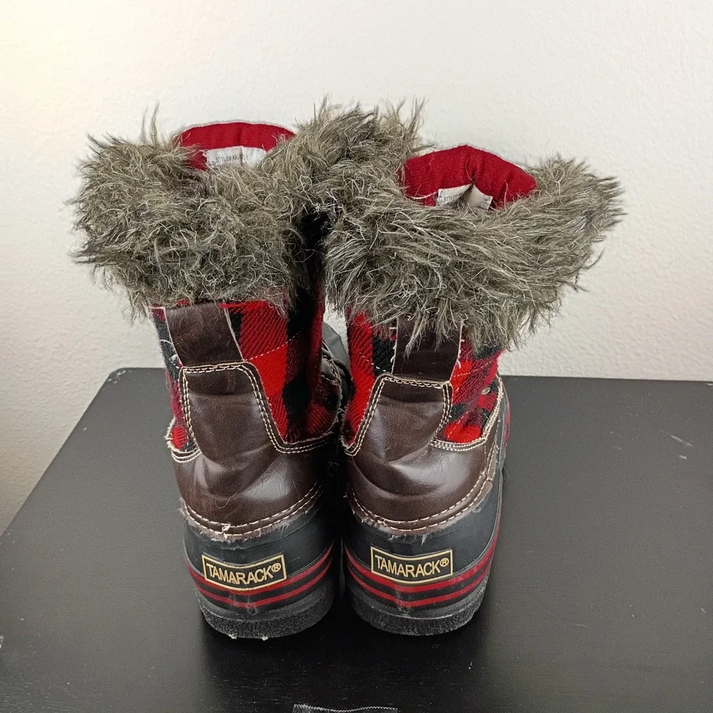 Tamarack Womens Buffalo Plaid Duck Boots Red Black Faux Fur Thinsulate Size 7